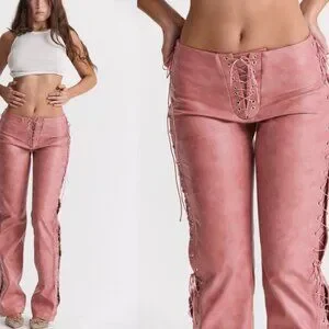 House of Cb ‘Drew’ Warm Pink Vegan Leather Lace Up Trousers NWT